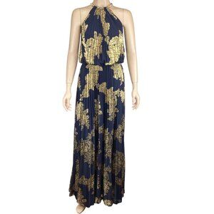 Xscape Maxi Dress‎ Gown SIze 2 Navy & Gold Foiled Pleated Blouson Halter Evening